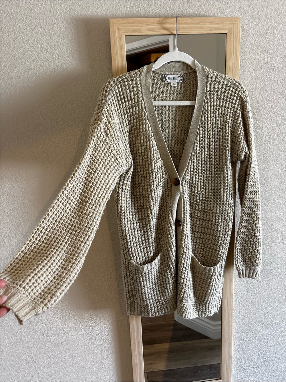 Pink Rose Cream Waffle Knit Button-Front Cardigan